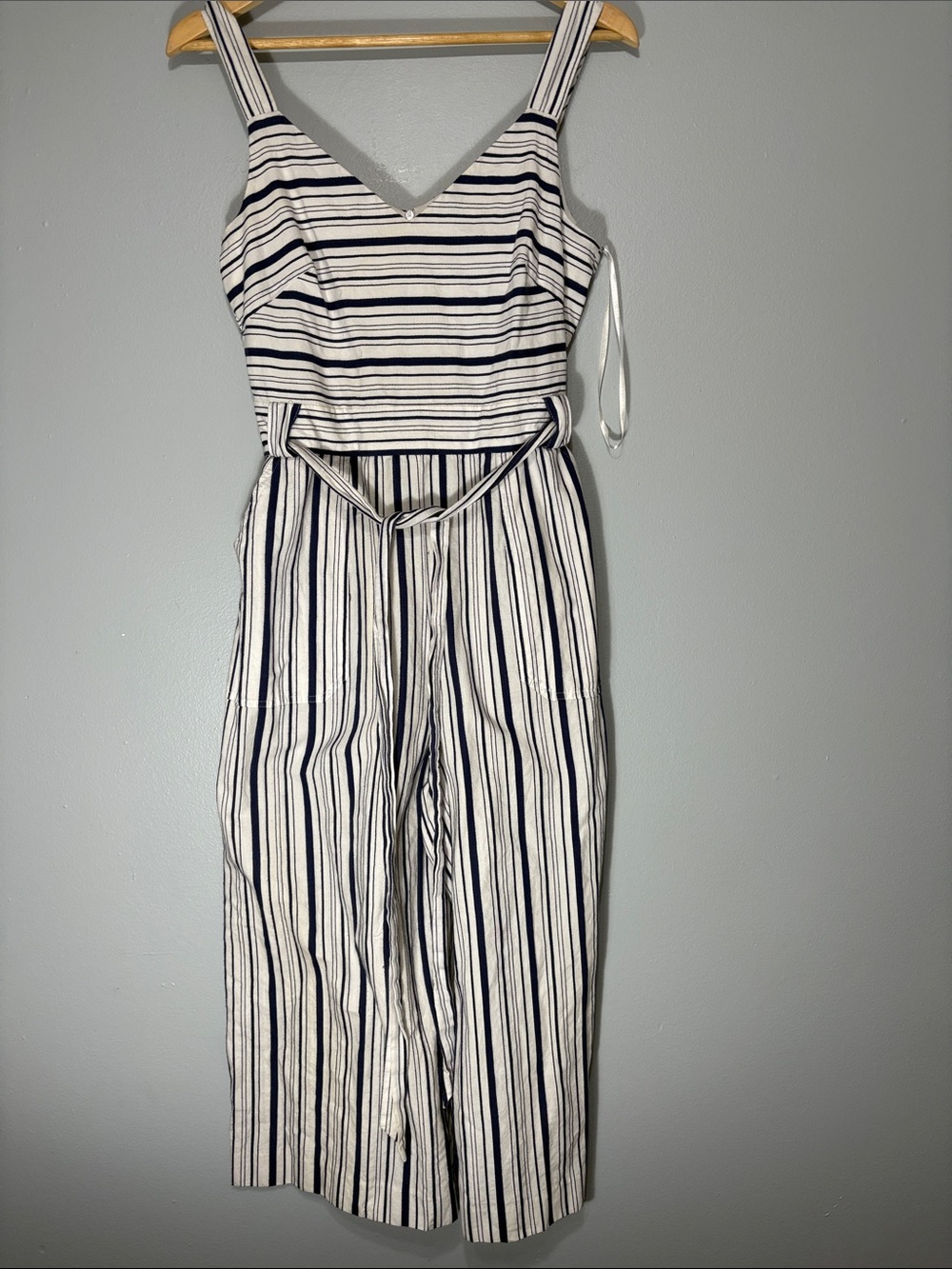 Elle Navy & White Striped Sleeveless Belted Jumpsuit size S